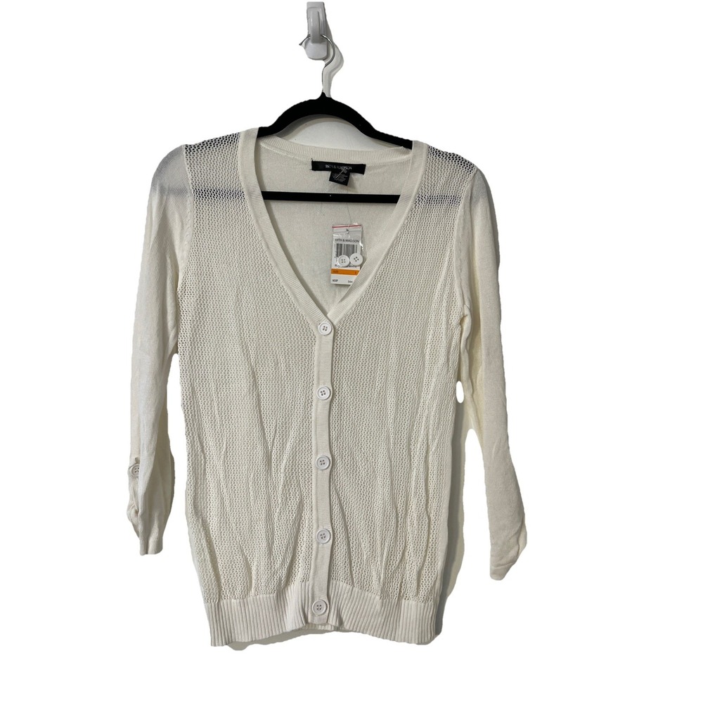 89th & Madison Womens Size S Knit Cardigan Sweater Ivory Cream Fish Net Front